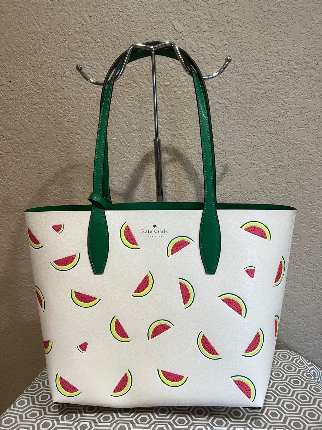 Kate Spade White Watermelon Slice Print Tote With Green Handles